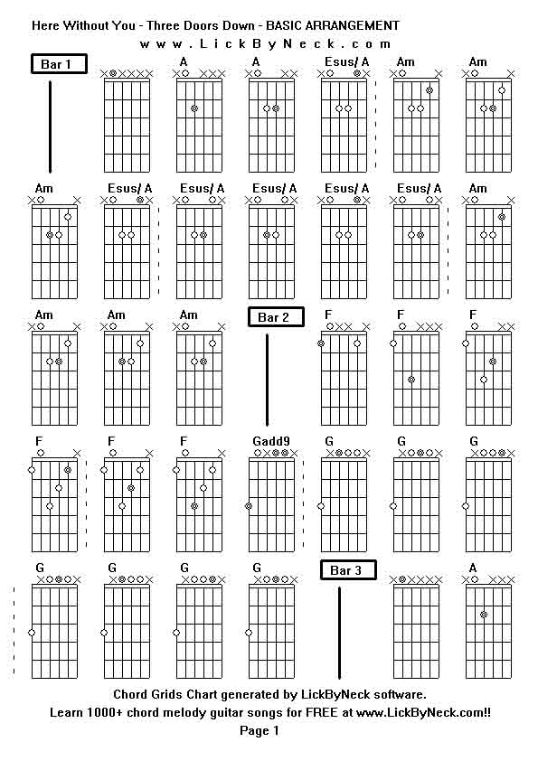 Chord Grids Chart of chord melody fingerstyle guitar song-Here Without You - Three Doors Down - BASIC ARRANGEMENT,generated by LickByNeck software.